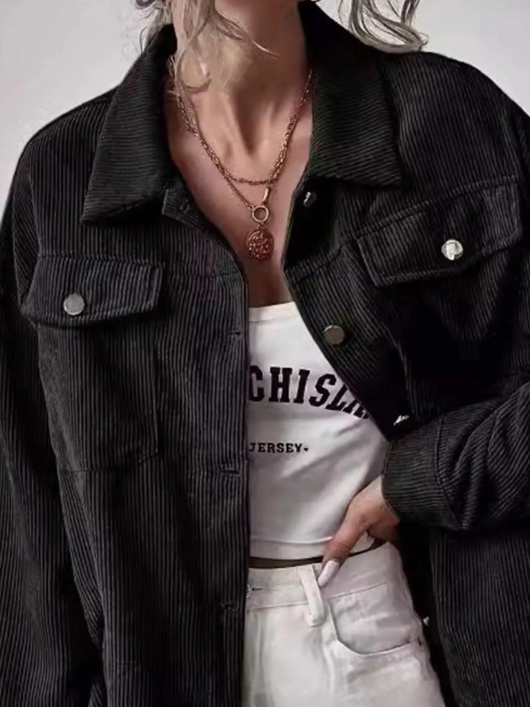 Corduroy button-up shacket with flap chest pockets