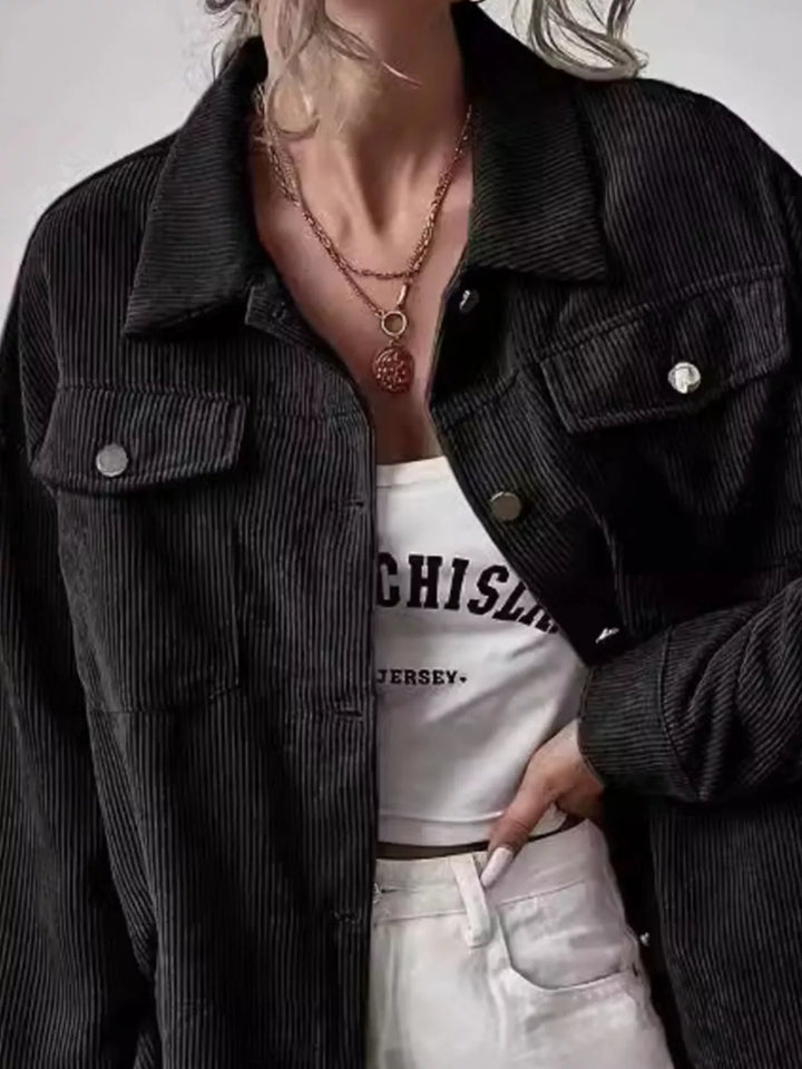 Corduroy button-up shacket with flap chest pockets