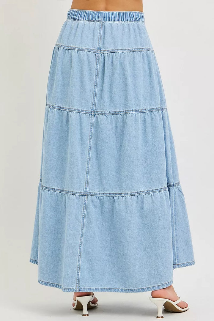 High-rise tiered denim maxi skirt with button-front