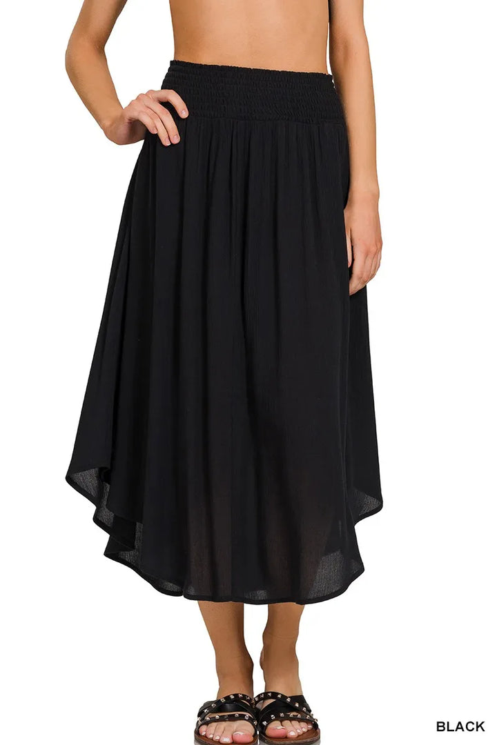 Crinkle rayon smocked waist high-low maxi skirt with pockets