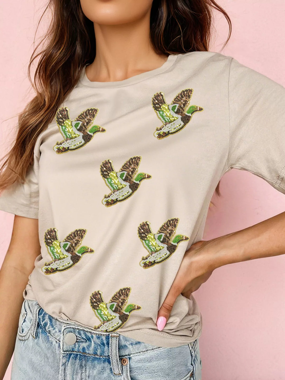 Khaki Sequin mallard duck patch short sleeve tee