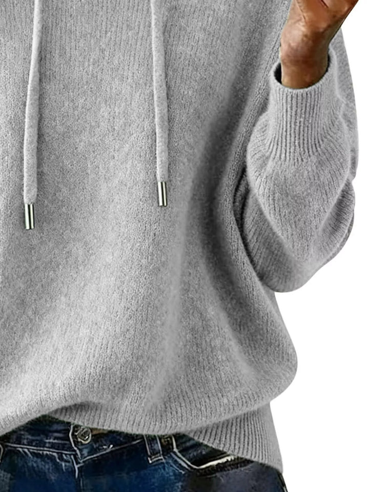Drawstring hooded knit pullover sweater with ribbed cuffs