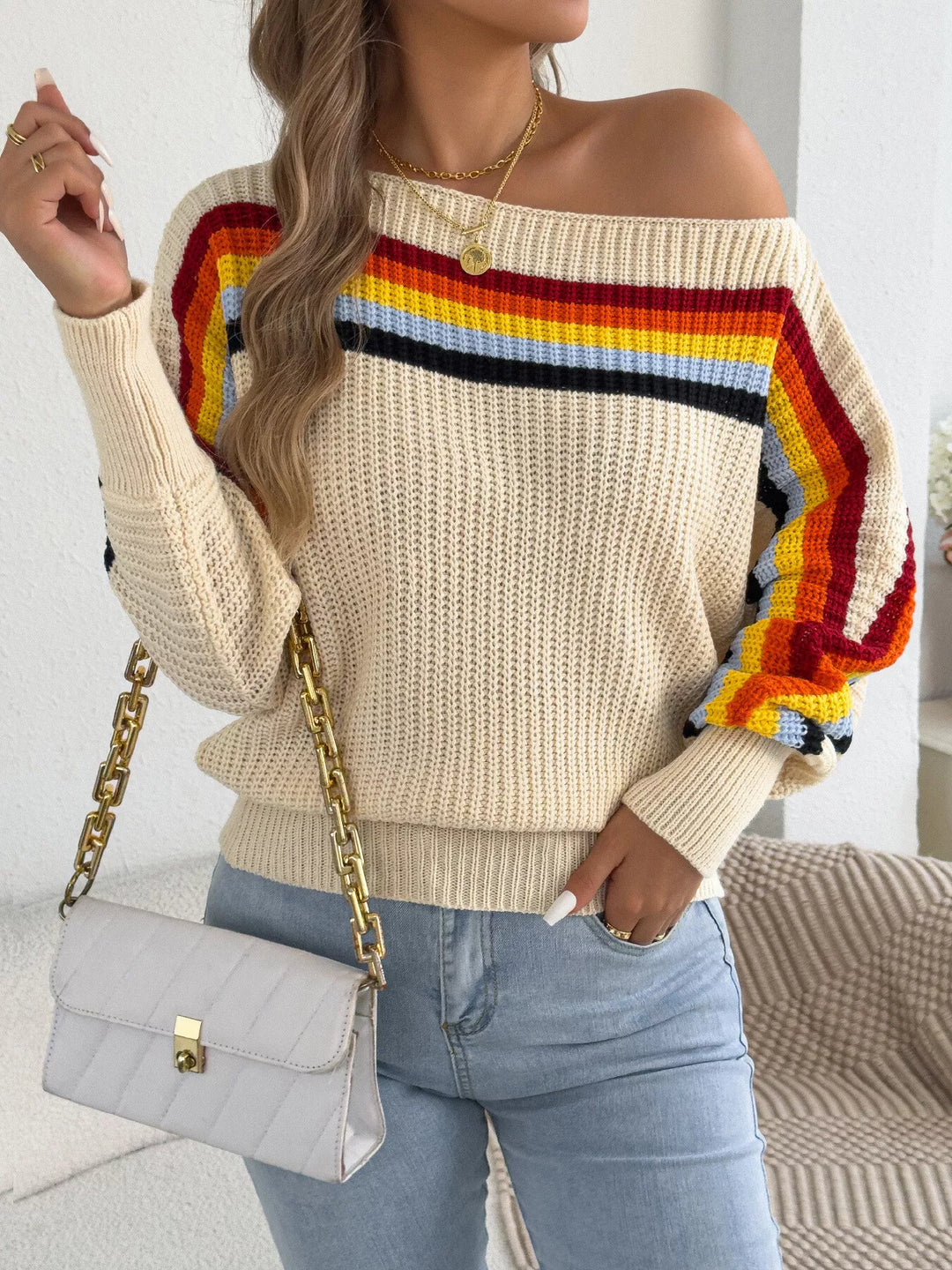 Rainbow stripe ribbed knit boat neck sweater