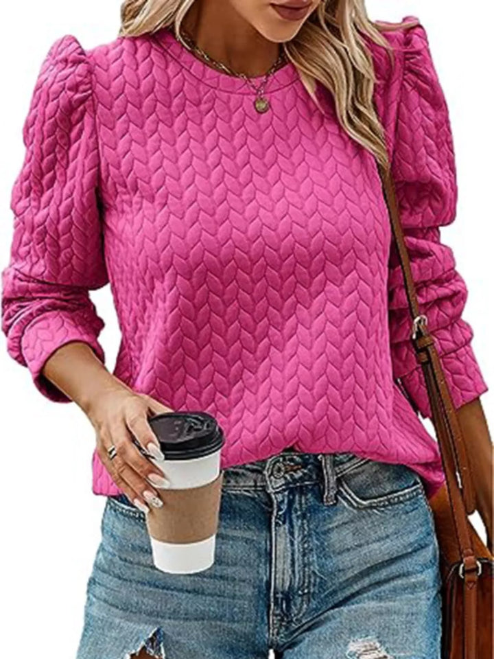 Textured cable-knit puff sleeve pullover top