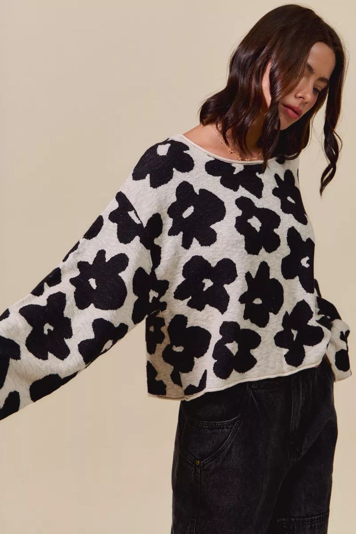 Lightweight floral knit cropped sweater top