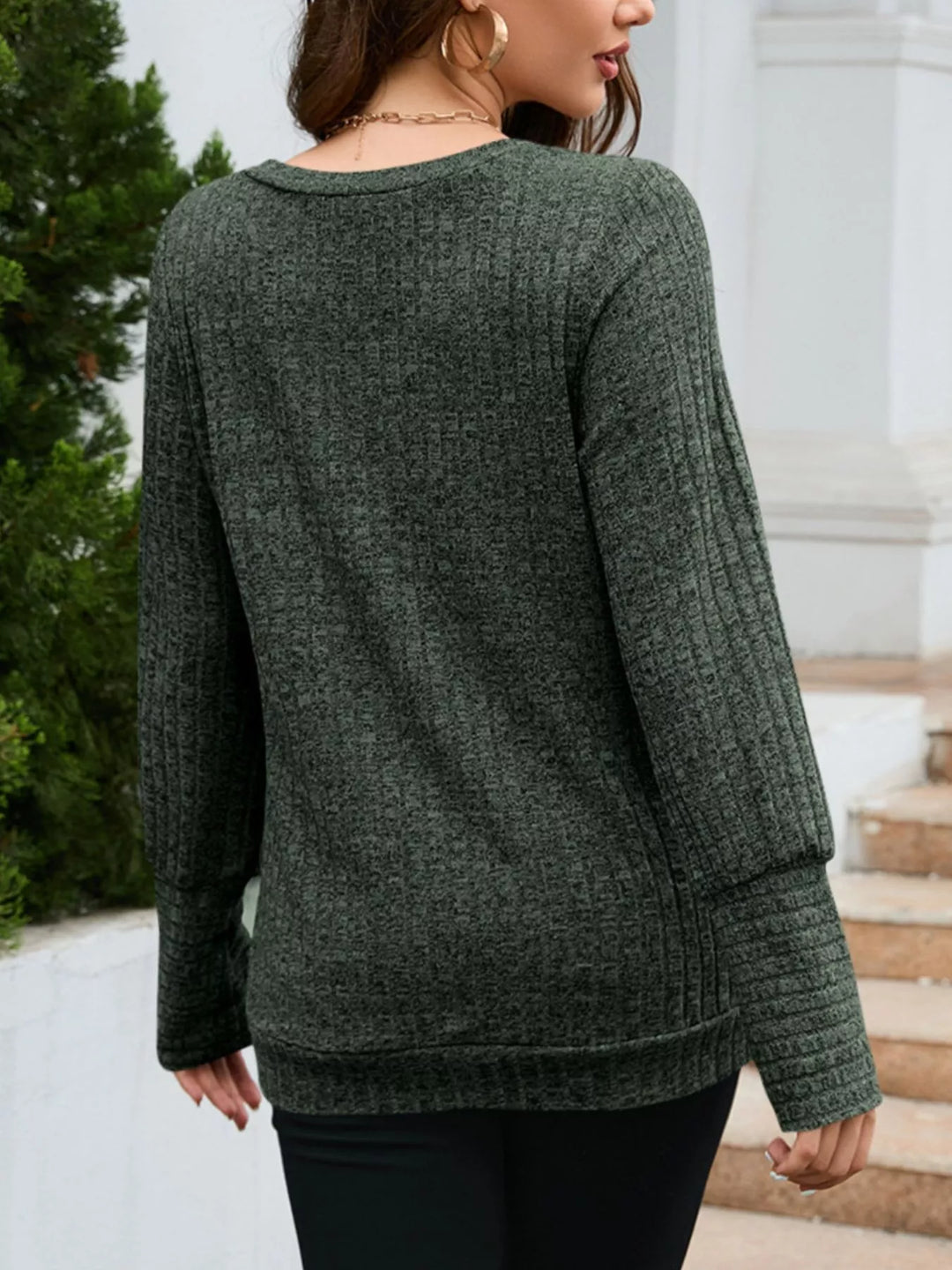 Ribbed knit V-neck long sleeve top with drop shoulders