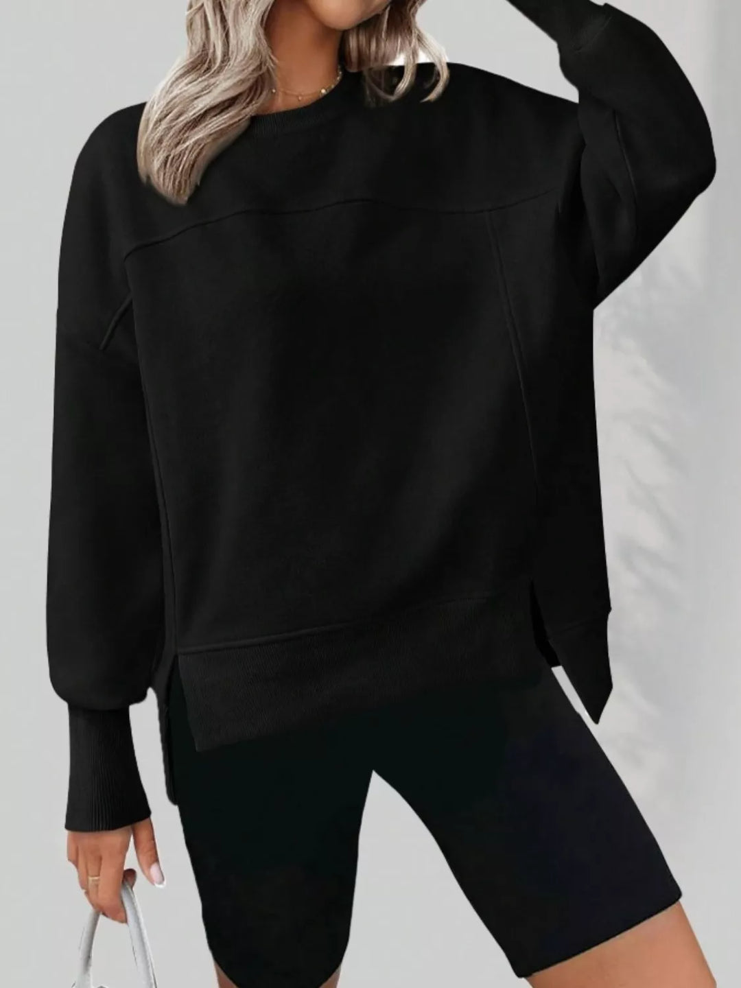Side slit drop-shoulder relaxed crewneck sweatshirt