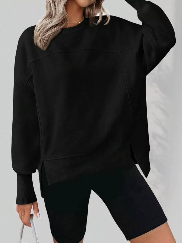 Side slit drop-shoulder relaxed crewneck sweatshirt