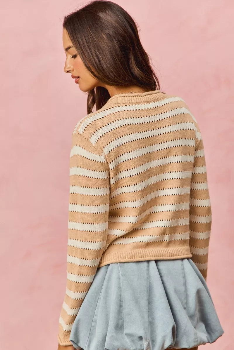Striped openwork knit cardigan with jeweled buttons