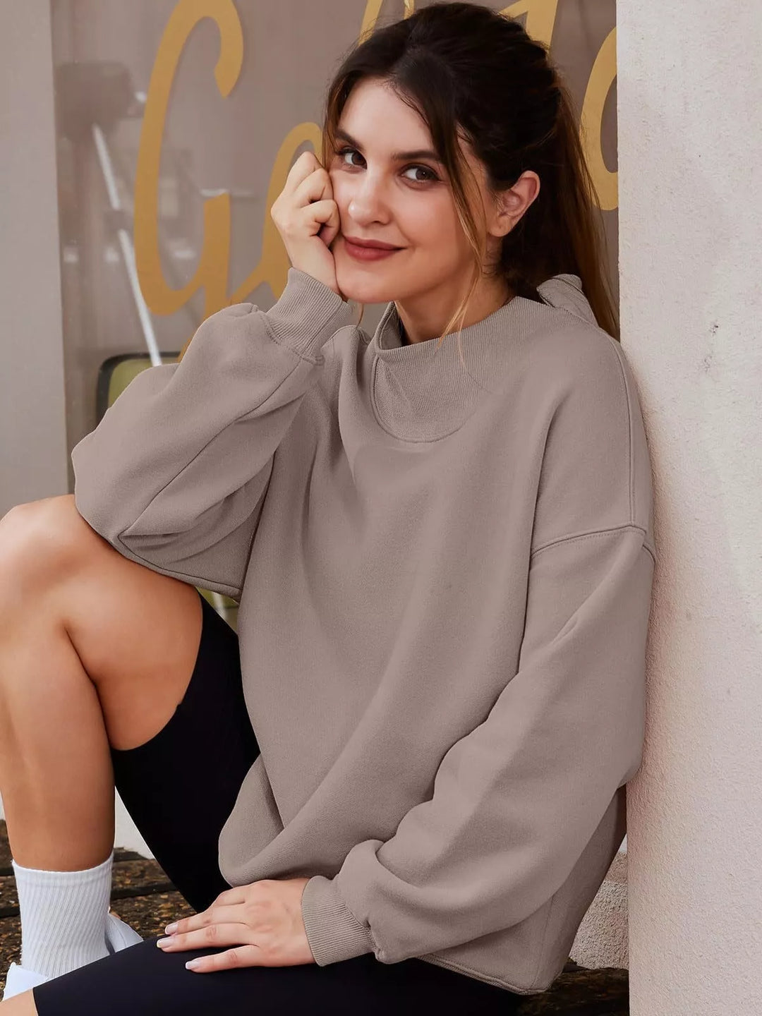 Mock neck dropped shoulder fleece sweatshirt