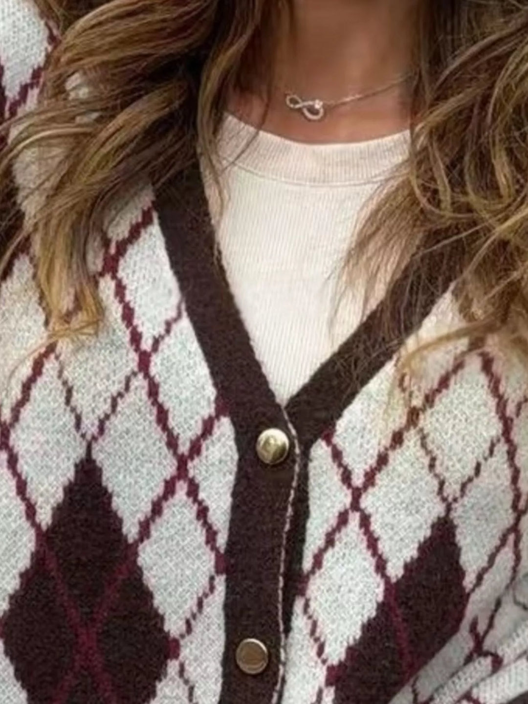 Argyle knit V-neck button-down cardigan with ribbed trim