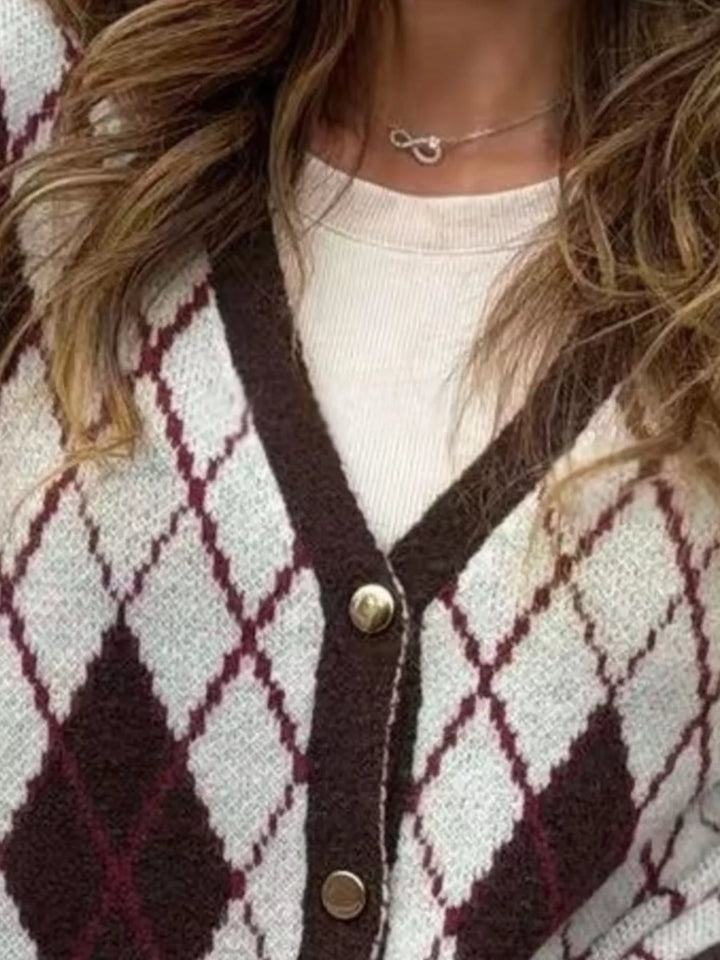 Argyle knit V-neck button-down cardigan with ribbed trim