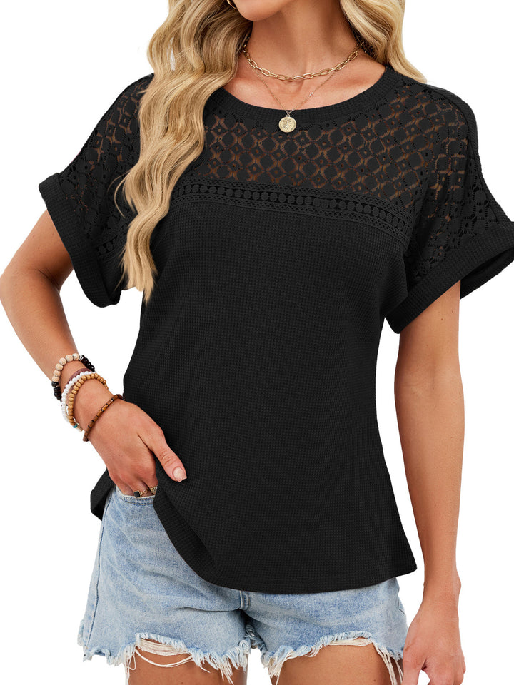 Black Crochet lace yoke waffle knit short sleeve top
