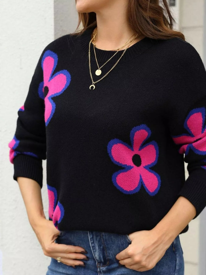 Floral crew neck knit sweater with ribbed cuffs