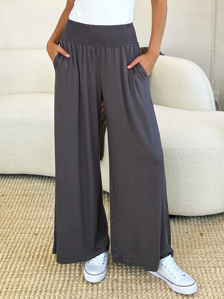 Smocked wide-waistband wide-leg jersey pants with pockets