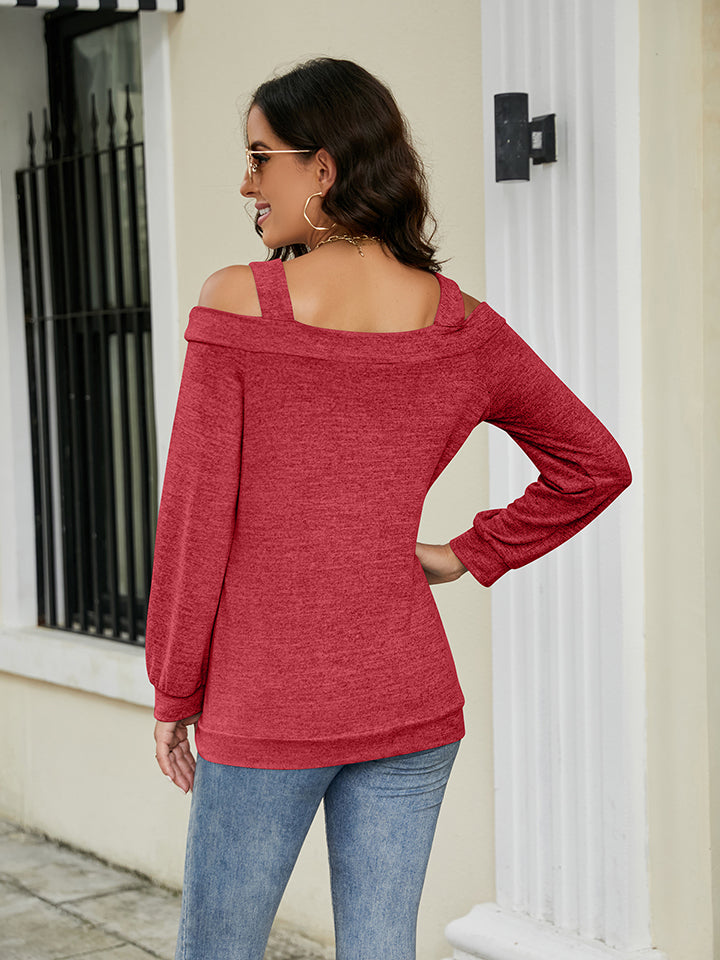 Cold-shoulder cutout square neck long sleeve knit top