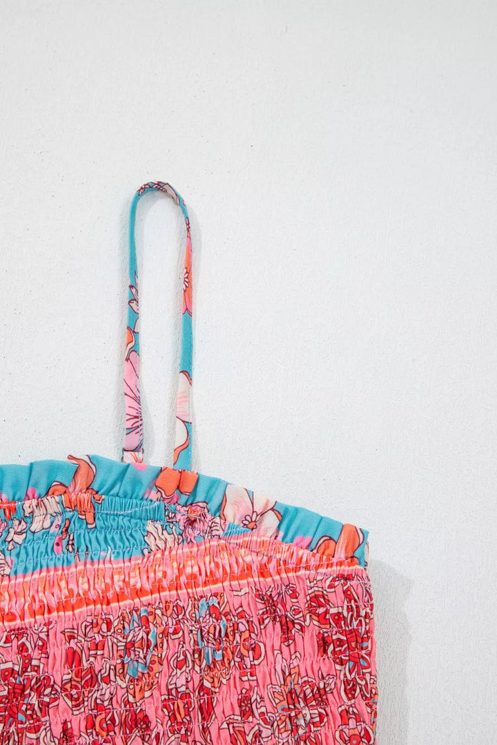 Bohemian floral print smocked spaghetti strap maxi dress