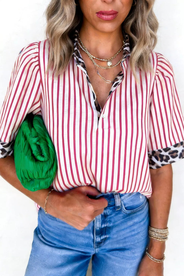 Striped button-down shirt with leopard collar and sleeve trim