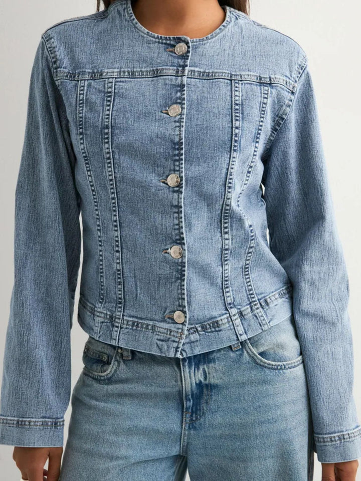 Collarless button-front cropped denim jacket