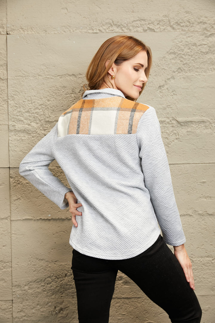 Textured diamond-knit quarter-snap pullover with plaid placket