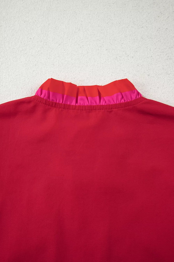 Puff sleeve notched blouse with striped ruffle cuffs