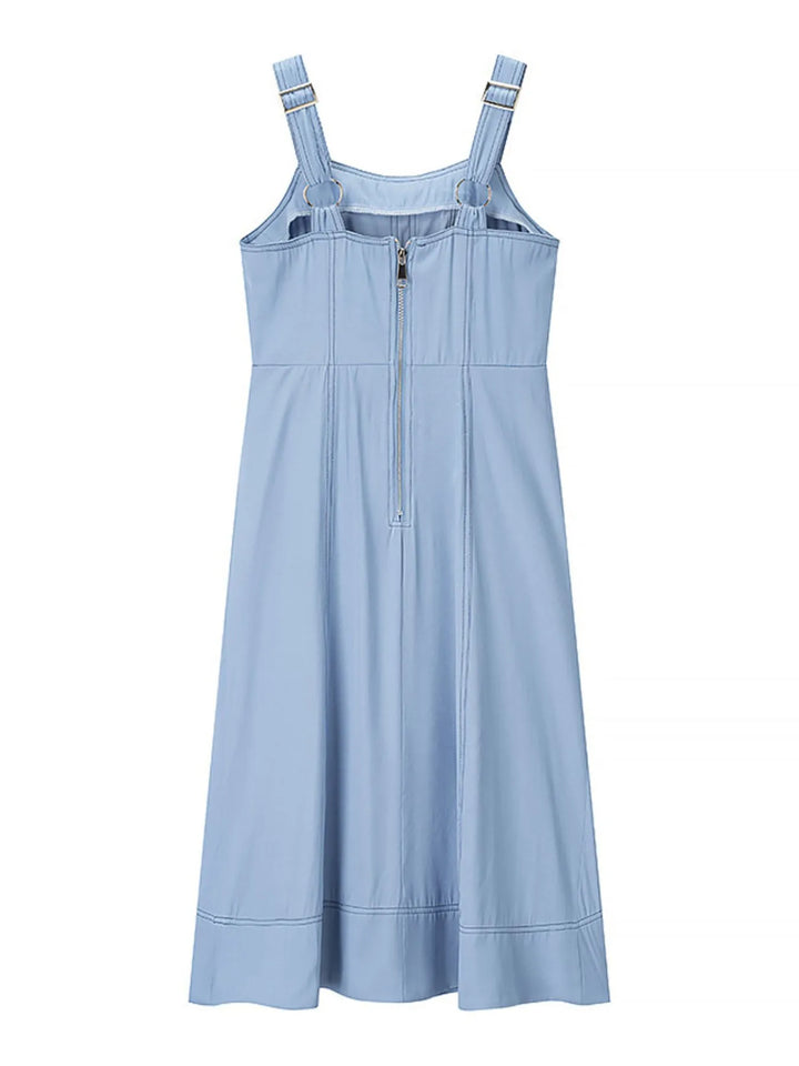 Sweetheart neckline button-front denim maxi dress with pockets