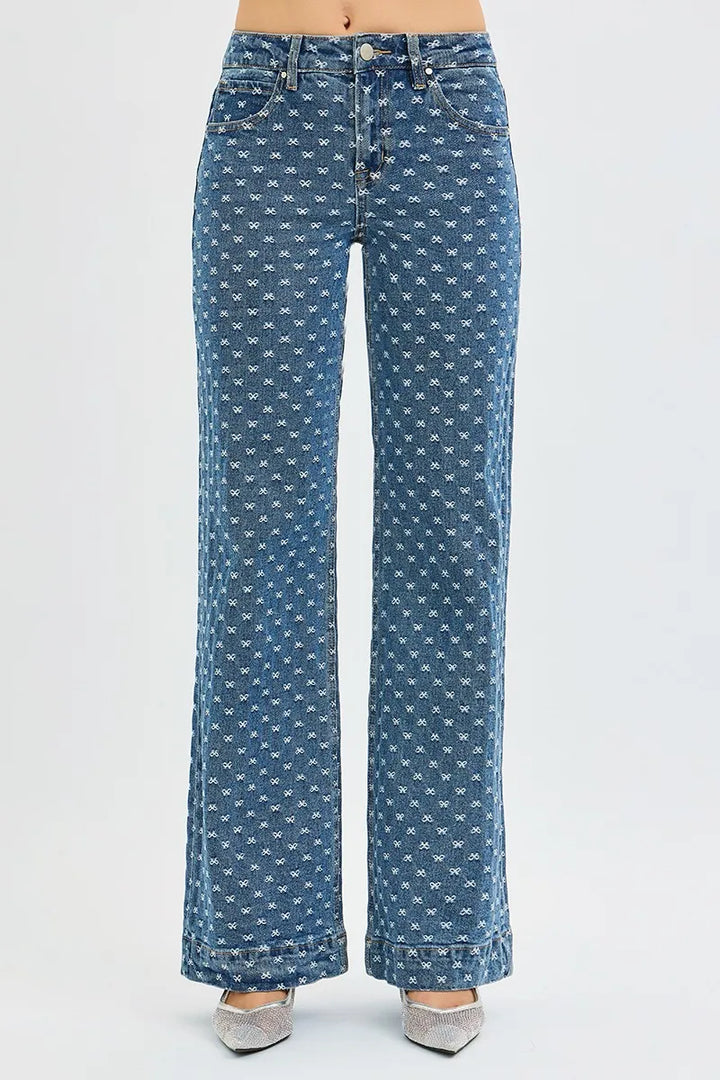 Bow-embroidered high-rise wide leg jeans