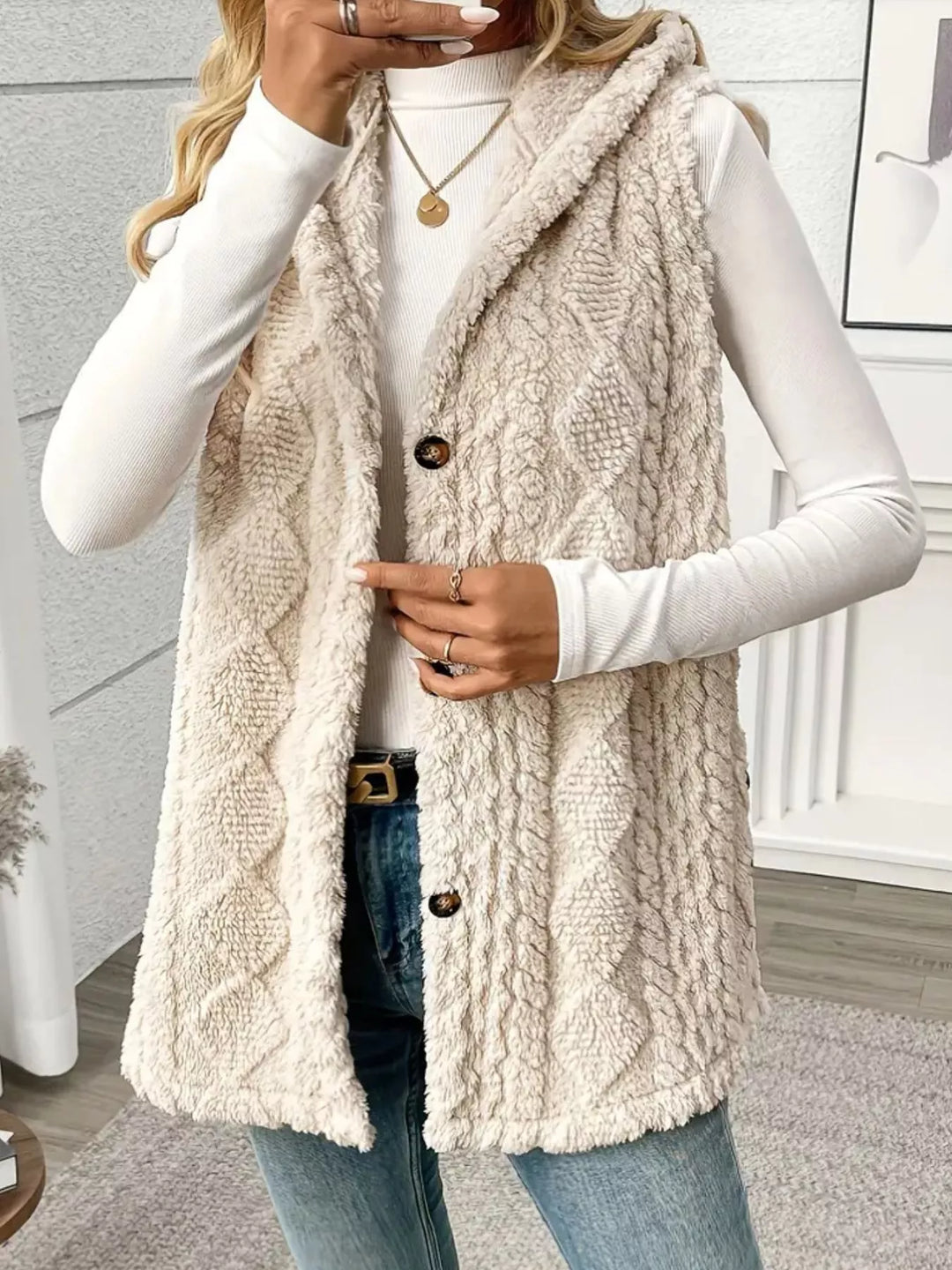 Textured sherpa hooded vest with button front
