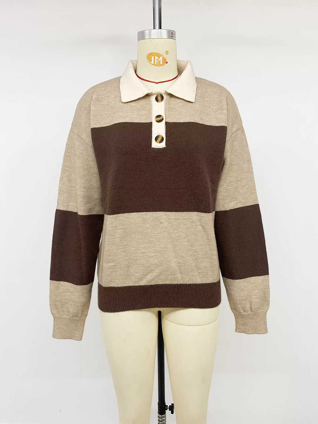 Color block polo collar sweater with button placket