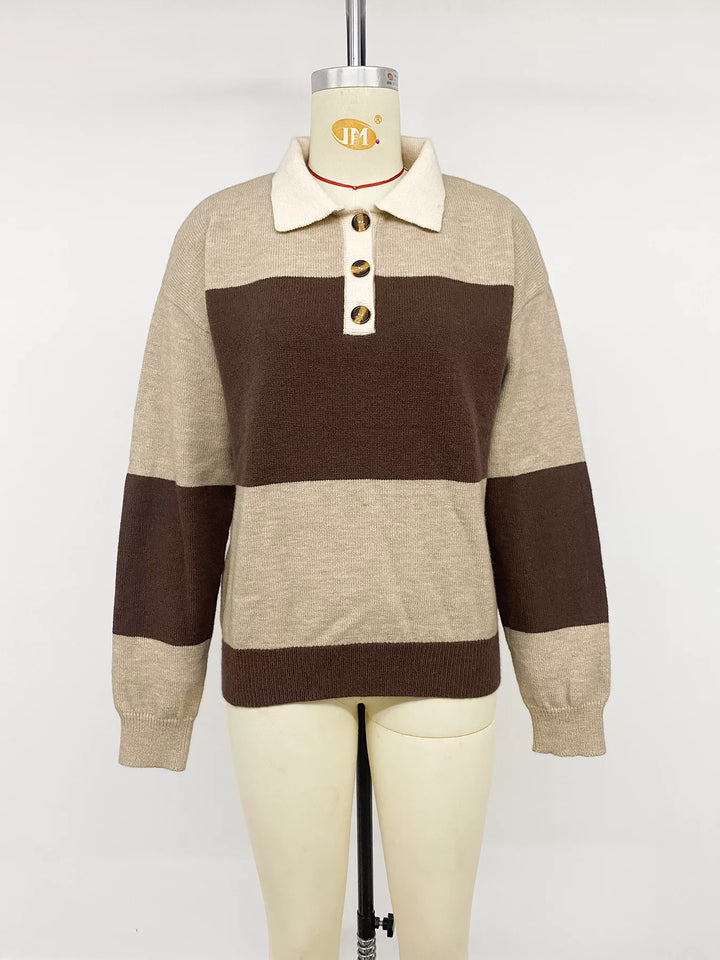Color block polo collar sweater with button placket