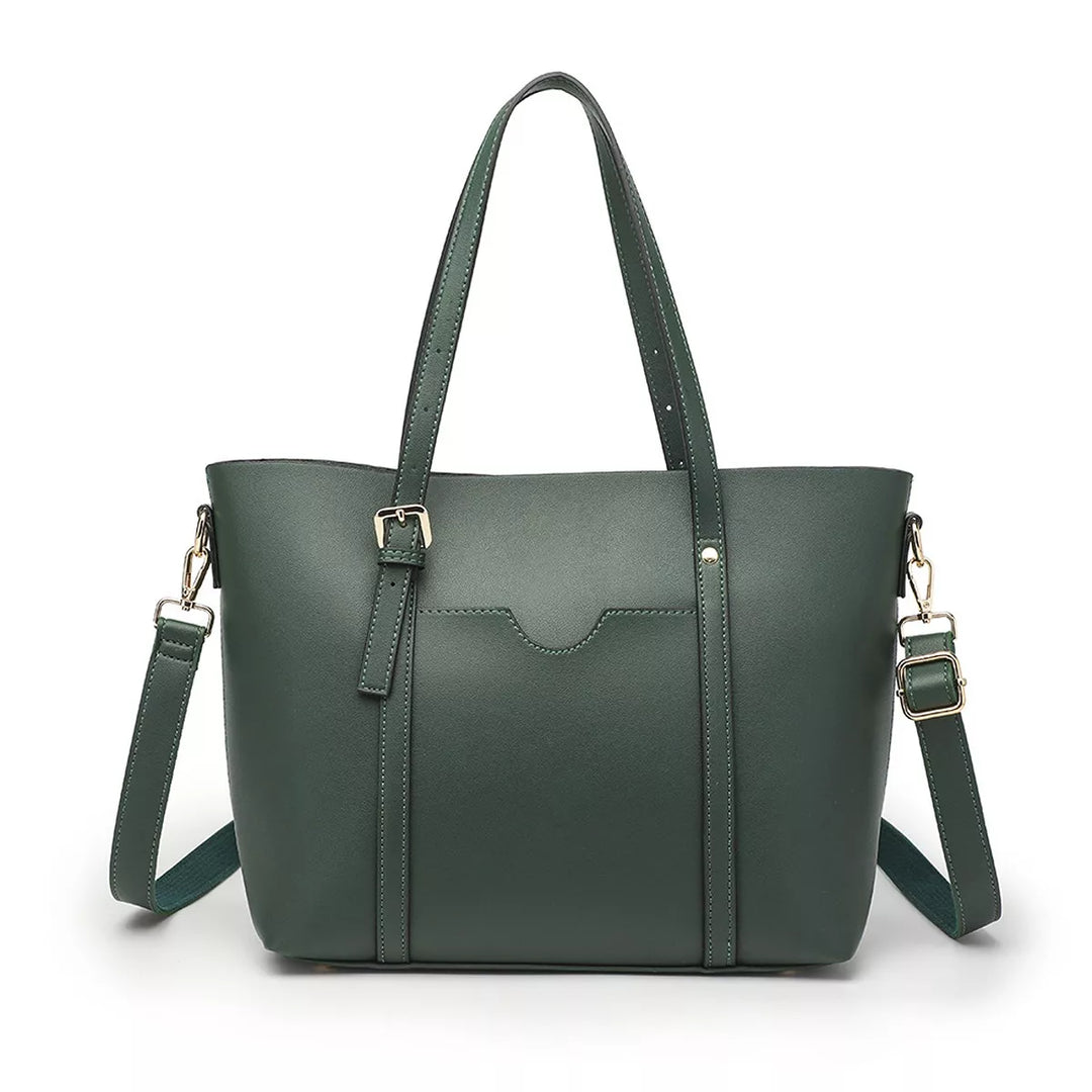 Faux leather tote bag with buckle strap and crossbody strap