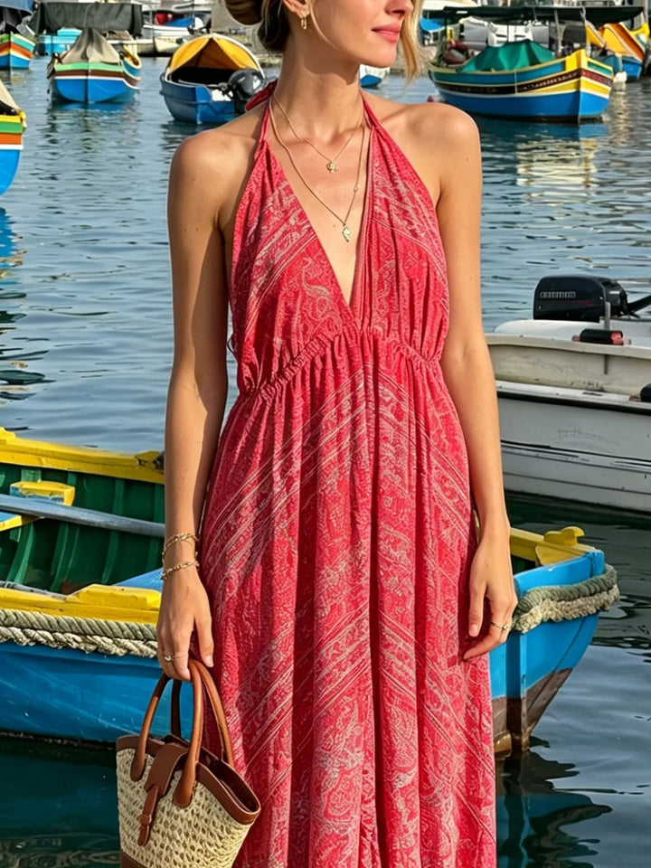 Paisley tiered halter maxi dress with open back