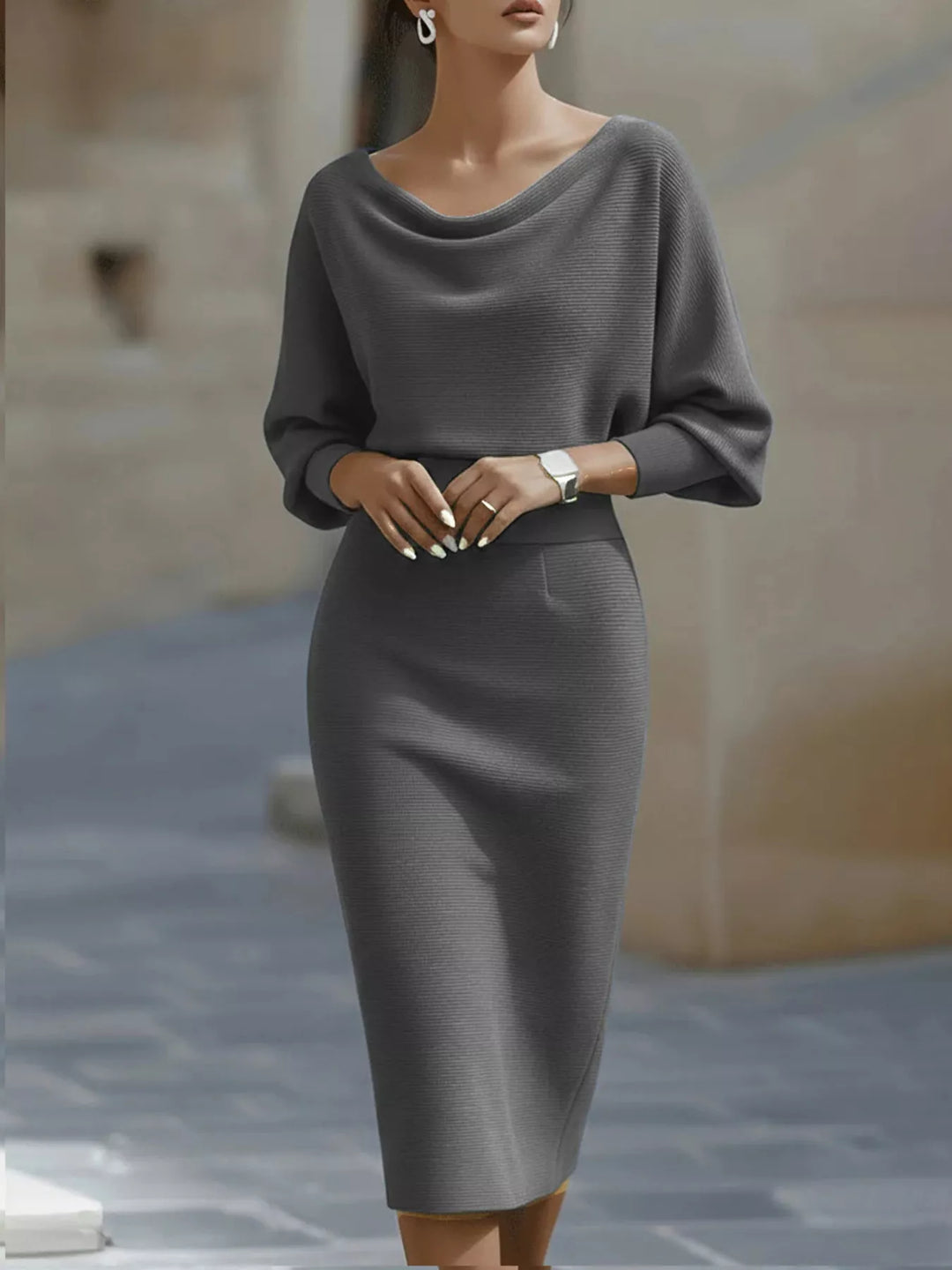 Gray Cowl neck batwing ribbed knit bodycon midi dress