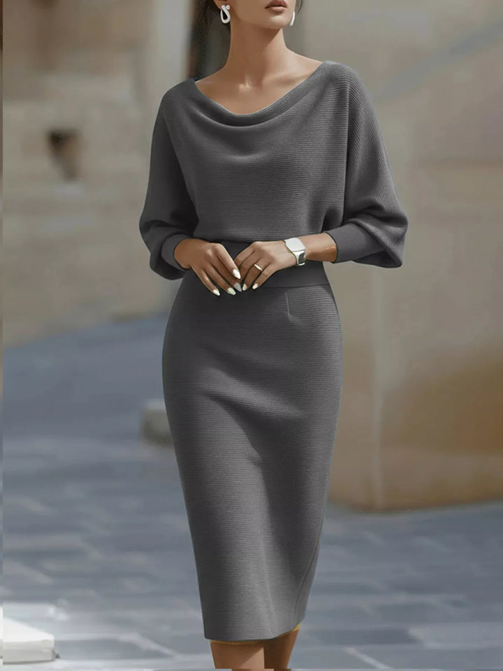 Gray Cowl neck batwing ribbed knit bodycon midi dress