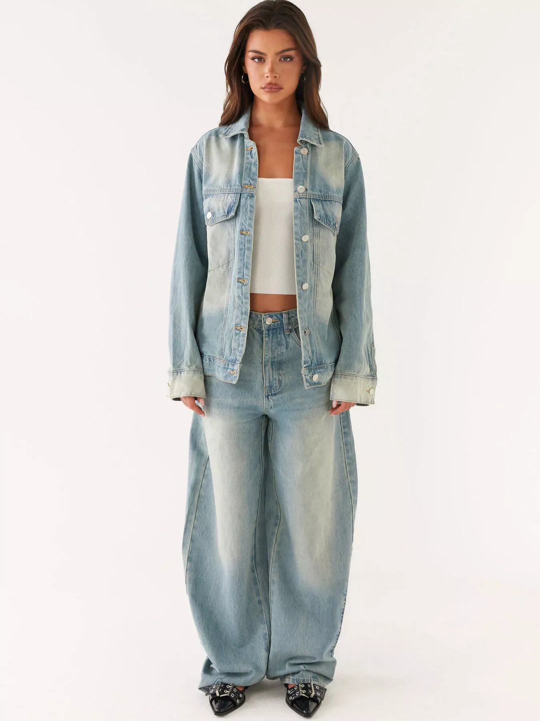 Oversized button-up denim jacket and jeans two-piece set