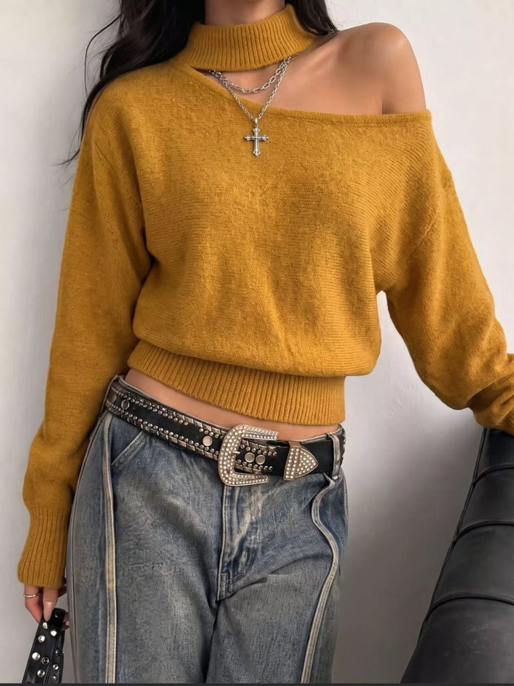 Cutout mock neck one-shoulder knit sweater