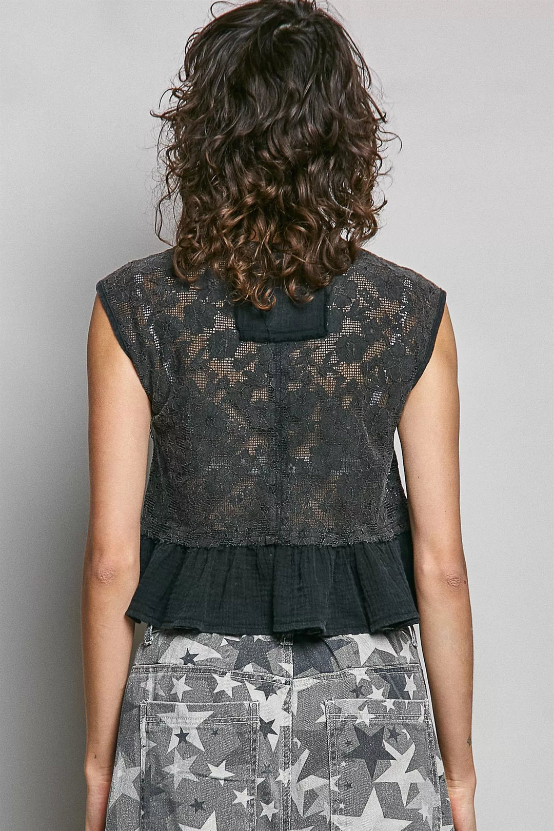 Lace button-front crop top with gauze ruffle hem