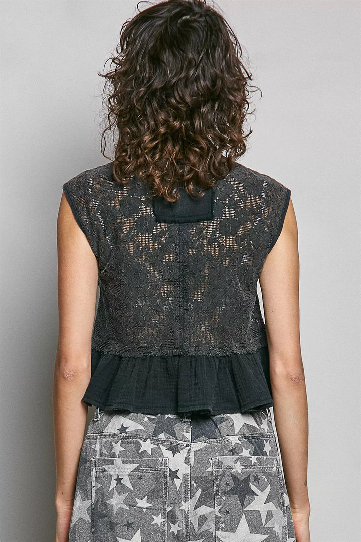 Lace button-front crop top with gauze ruffle hem