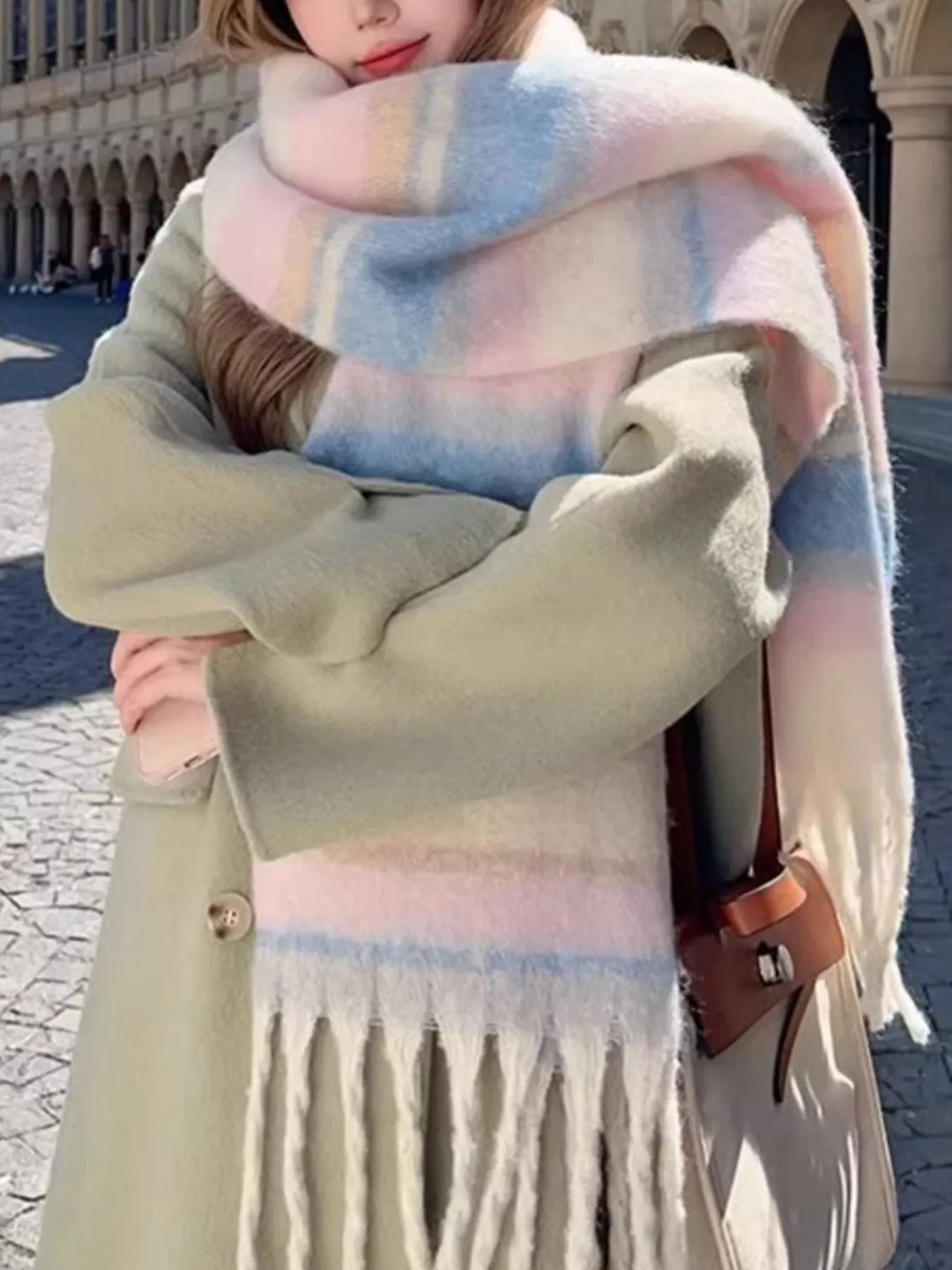 Striped brushed knit blanket scarf with fringe trim