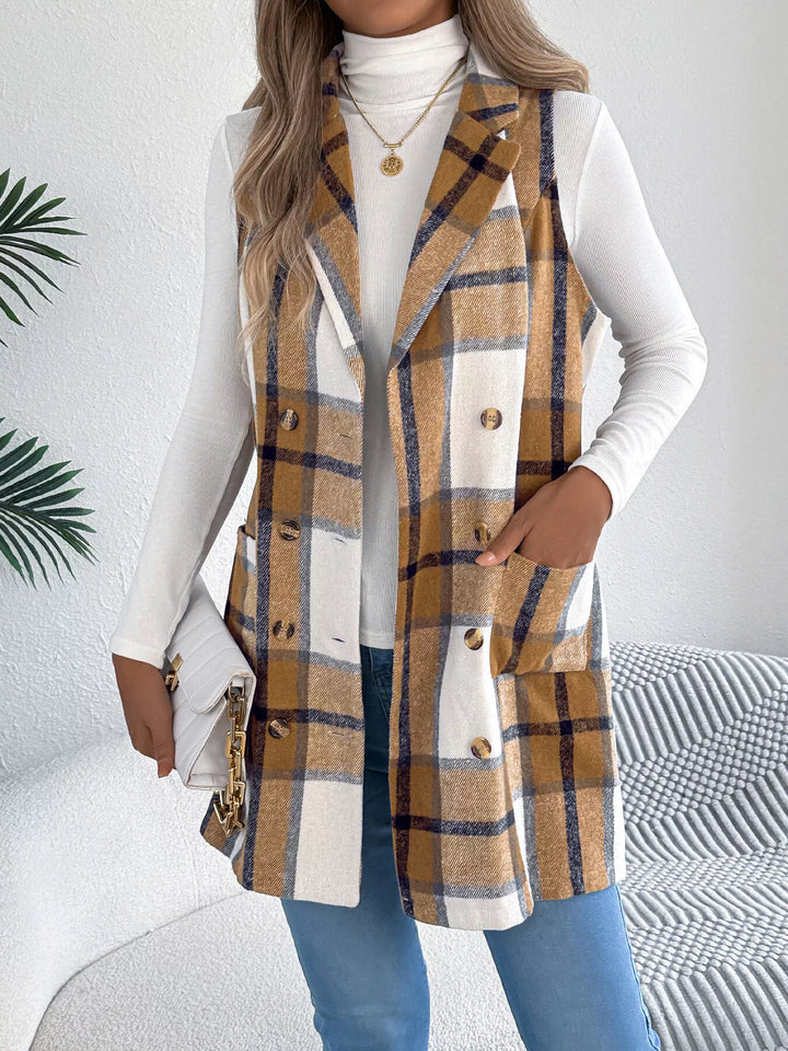 Plaid double-breasted longline vest coat with notched lapel