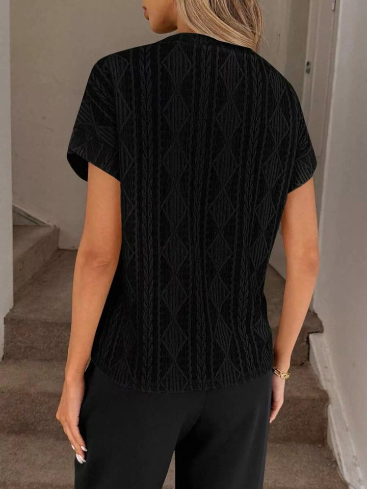 Textured diamond knit round neck top with cap sleeves
