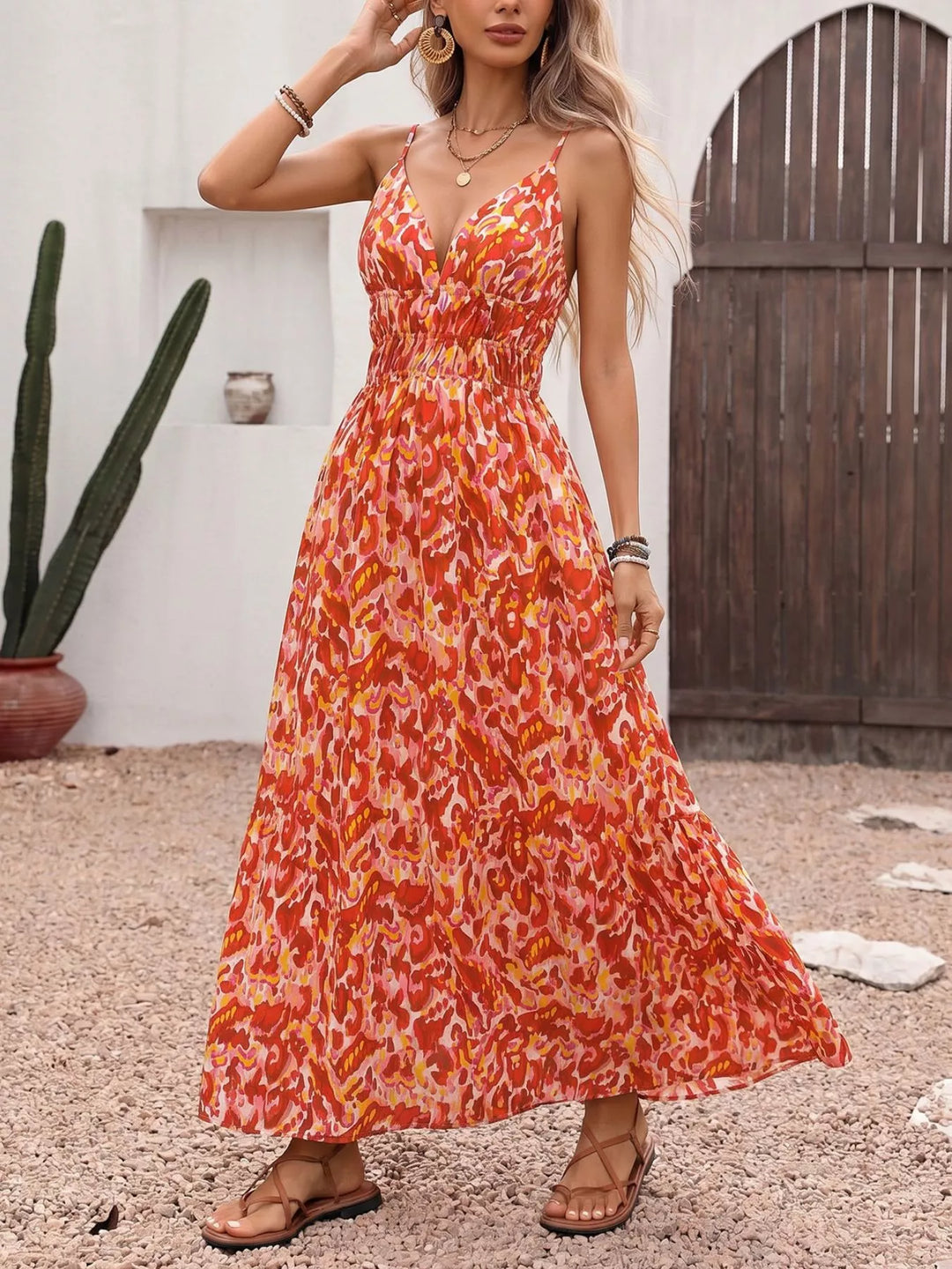 Abstract print smocked V-neck maxi sundress