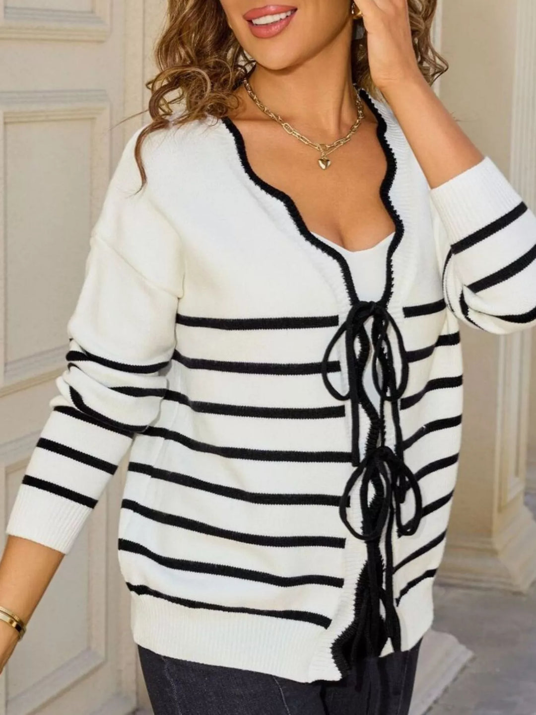 Striped tie-front knit cardigan with contrast trim