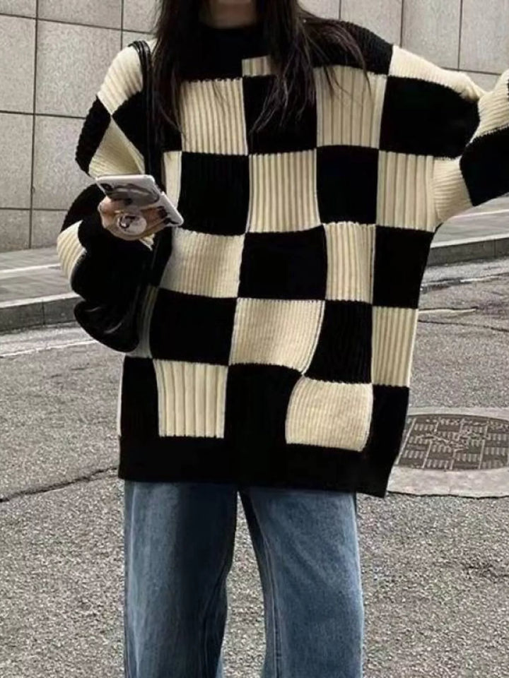 Checkerboard oversized ribbed knit sweater