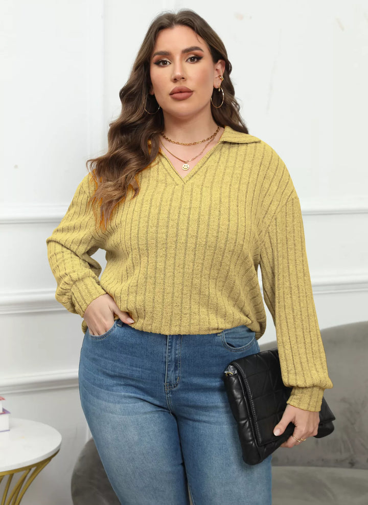Plus size ribbed knit polo collar long-sleeve top