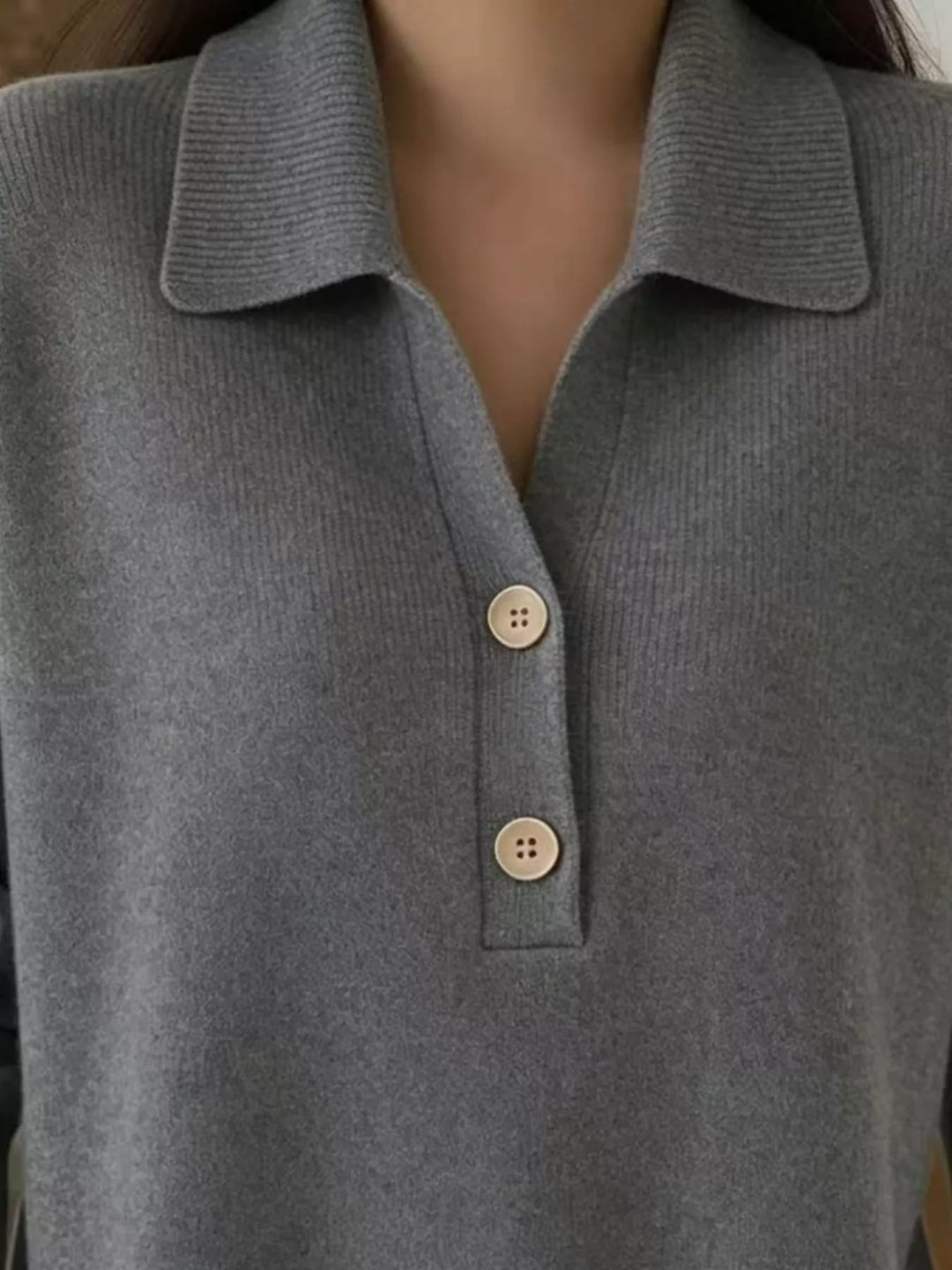 Collared button-placket long sleeve knit polo sweater
