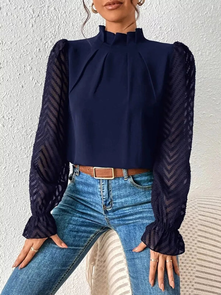 Mock neck blouse with sheer textured flounce sleeves