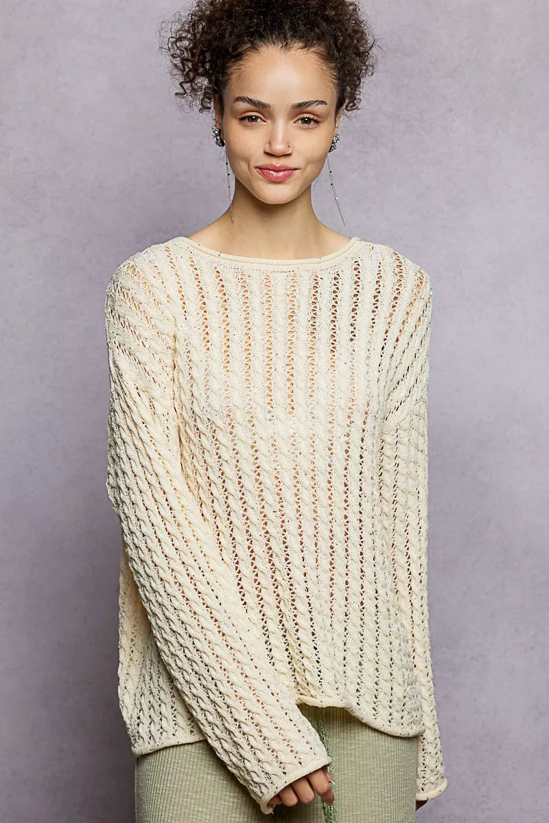 NATURAL Openwork pointelle knit sweater with shimmer detail
