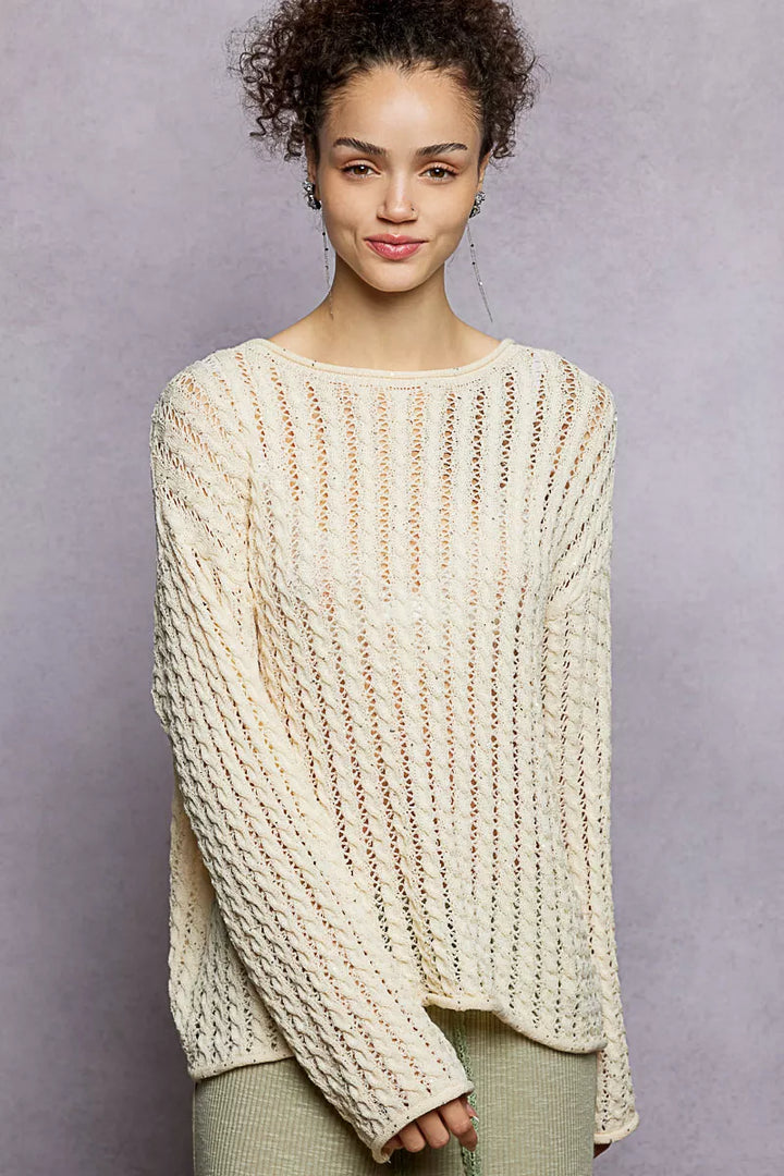 NATURAL Openwork pointelle knit sweater with shimmer detail