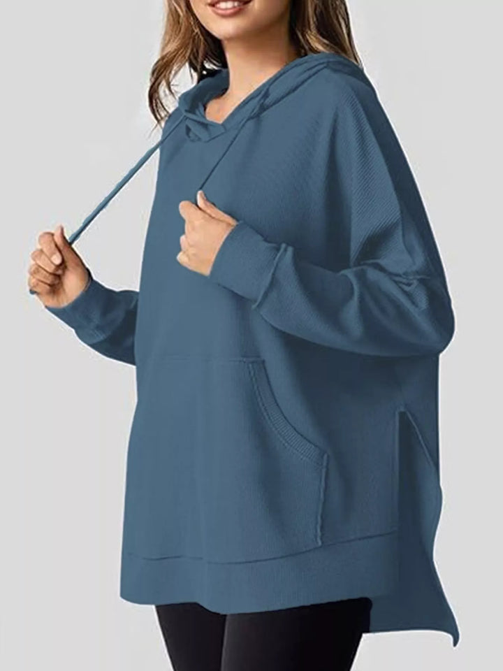 Blue Oversized waffle-knit hoodie with side slits and front pocket